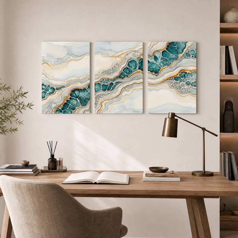 Ensemble de 3 toiles murales à motif de tranches de géode turquoise et or, 18"H x 12"W x 3pcs
