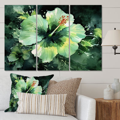 «Pink Green Hibiscus Harmony II» sur toile, reproduction de 3 pièces