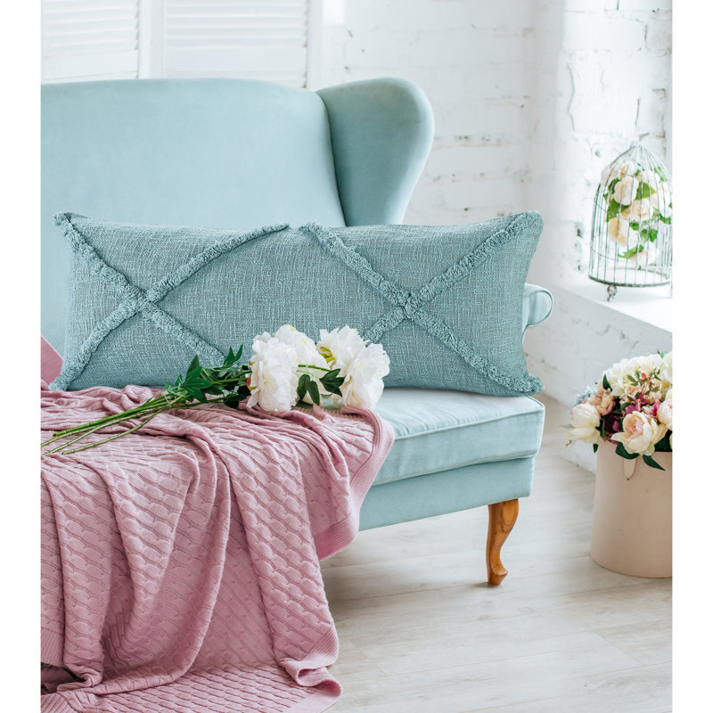Coussin 100% coton Domnique, Polyester, H 14 po x l 36 po, Bleu canal