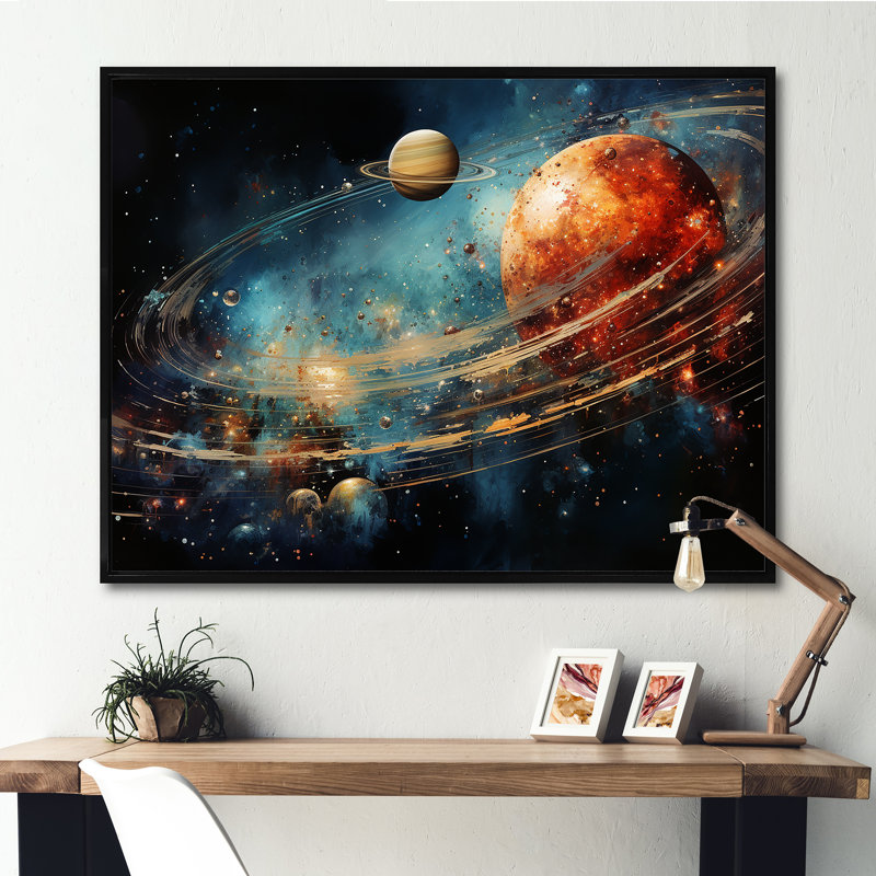 " Saturn Ruby Rings Orbiting Elegance ", Black Floater Frame, 24" H x 32" W x 1" D
