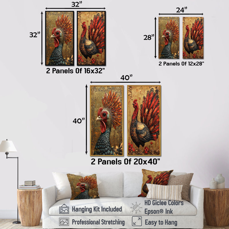 Ensemble de 2 reproductions d'art rouges et dorées «Red I», H 32 po x l 32 po, Cadre flottant en érable