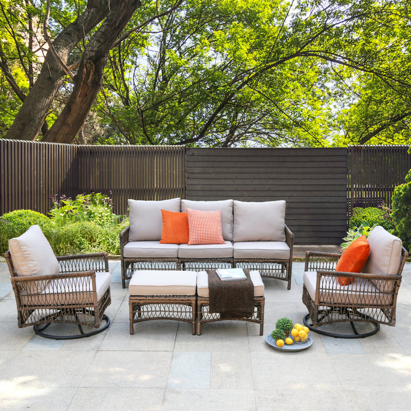 Ashjian Outdoor Wicker Patio Set with Fire Pit Table & Swivel Chairs, No, Cream