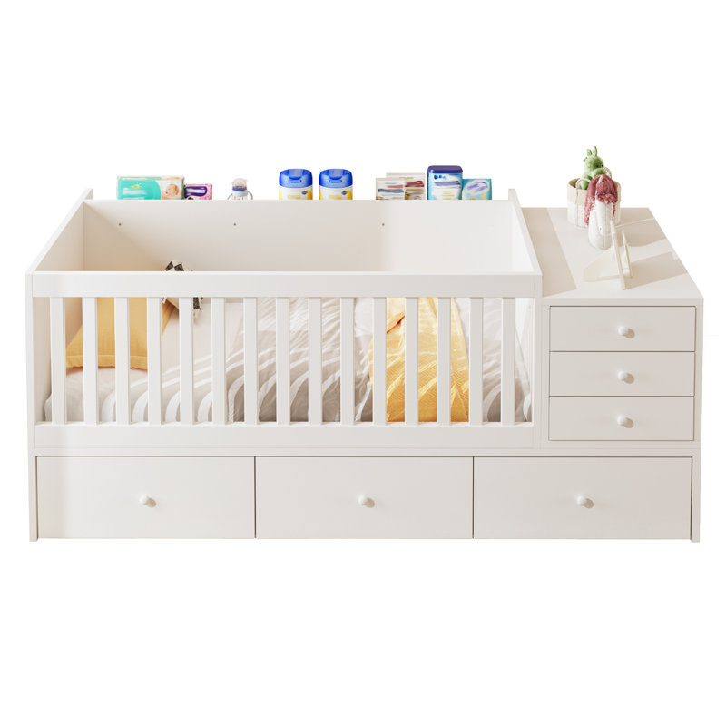 Lit de bébé convertible 2 en 1 Nestled avec garde-corps en bois massif et tiroirs de rangement