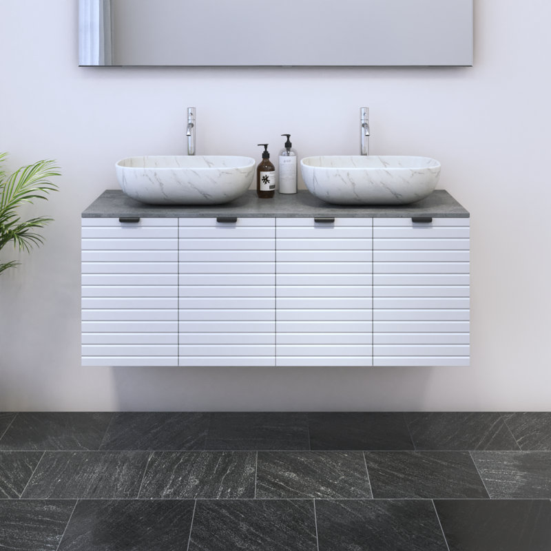 Meuble-lavabo double 47,2 po avec comptoir Karaya, Blanc, Béton