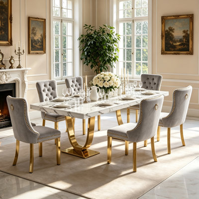 7 Piece Faux Marble Dining Table Set for 6, 70.8" Rectangular Kitchen Table with 6 Velvet Tufted Chairs, Gold Stainless Steel Base, Dining Room Table Set for Dinner Gathering