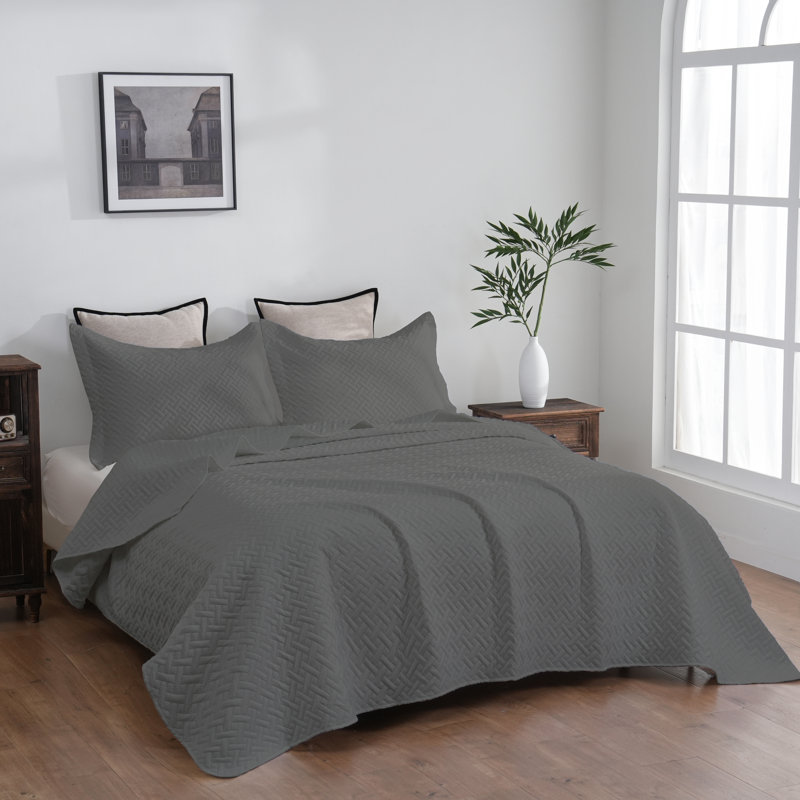 Microfiber Embossed Bedspread Set, King Quilt + 1 Standard Sham + 1 Standard Pillowca, Dark Gray