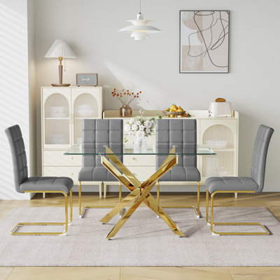 5-Piece Glass Dining Table Set With Faux Leather Chairs – Modern Rectangular Kitchen Table Set For 4