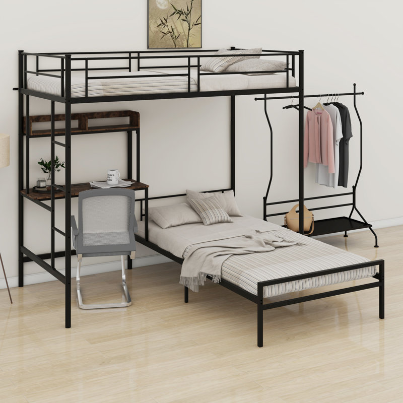 Sturdy Metal L-Shaped Bunk Bed With Integrated Desk, Charging Station, Storage Shelves And Safety Guardrail