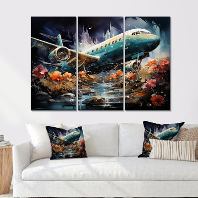 Fantaisie, fleur, avion, derniers carreaux - ensemble d'art mural toile