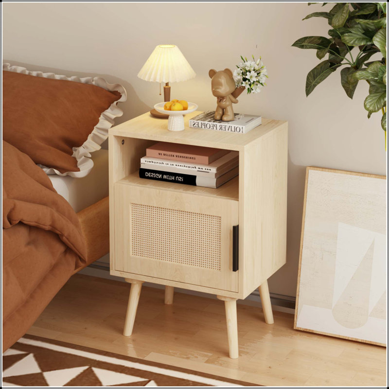 Table de chevet en rotin avec porte, tablette ouverte et pieds en bois massif - chêne