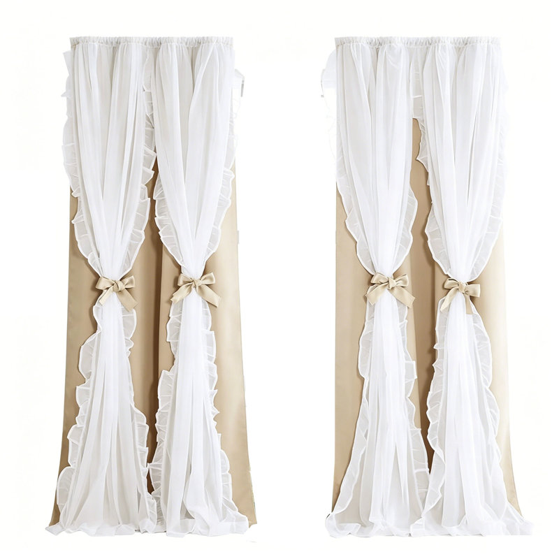 Beige Curtains Decorative Double Layer Curtains with Ruffle Sheer Overlay 52 x 84 inch, 2 PCs