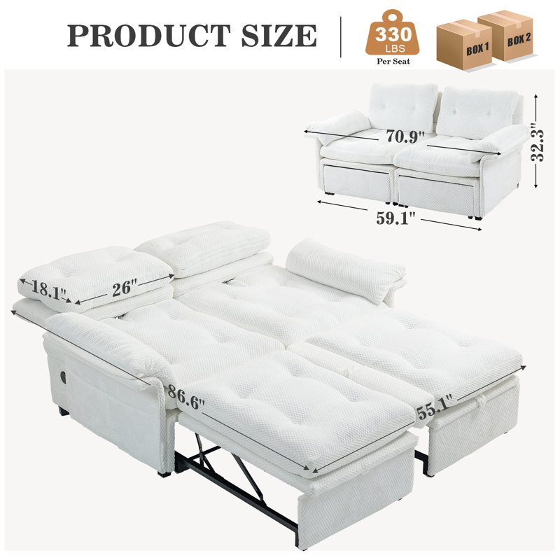 Meissalivve 3-In-1 Sleeper Sofa Bed, Convertible Pull Out Couch Bed With Usb Ports, Storage Pockets, Loveseat Sofa For Living Room(White)