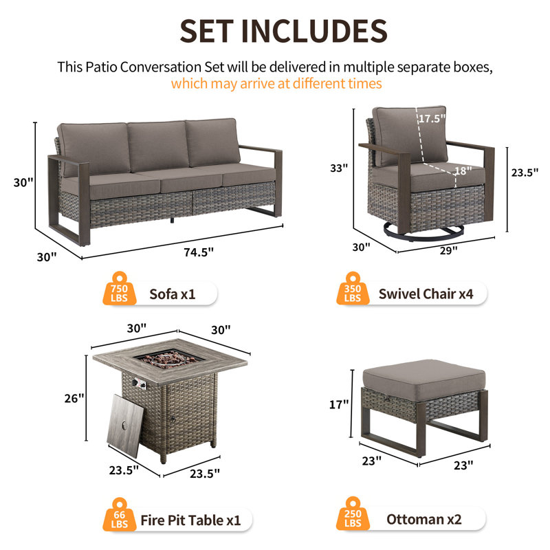 Ensemble de conversation pour foyer d'extérieur en osier 8 pièces avec 4 fauteuils pivotants et 2 repose-pieds Palomares