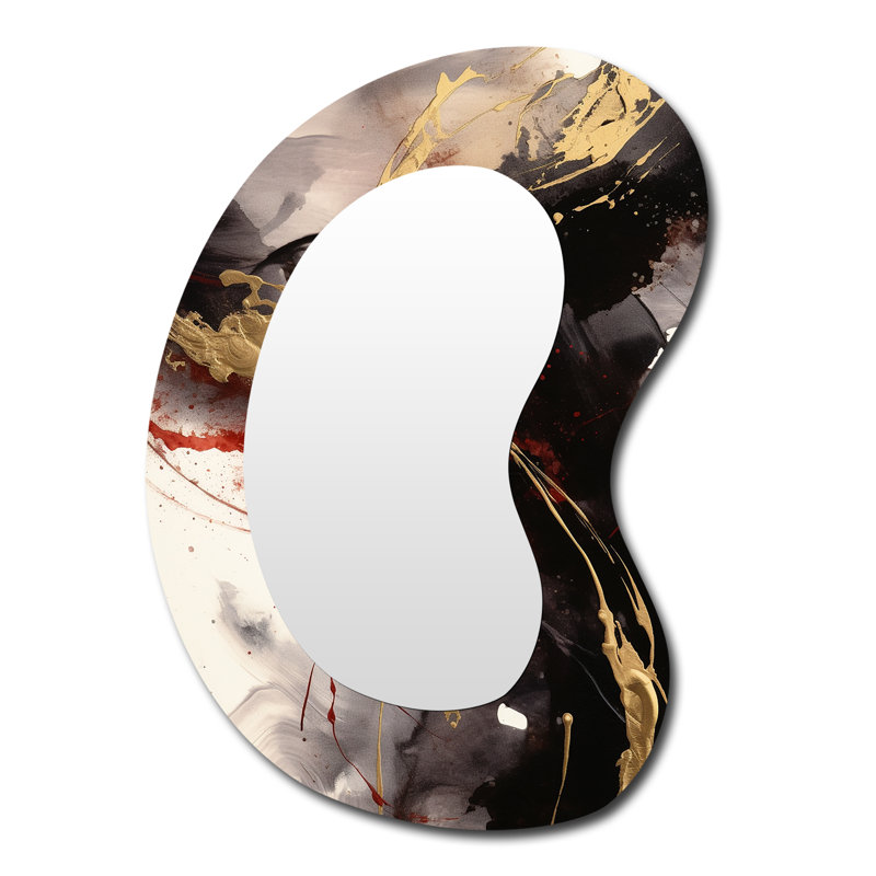 Ethann Gold and Red Fluid Fusion II - Abstract Unique Shape Decorative Mirror, Modern Asymmetrical Wall Mirror, Printed Metal Art