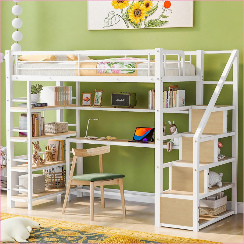 Lit mezzanine simple en métal avec bureau intégré, rangement pour escalier et amp; Tablettes, aucun sommier nécessaire, blanc pour les petits espaces