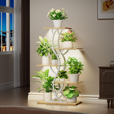 Support pour plantes d'intérieur avec éclairage horticole - Étagère d'angle à 5 niveaux, tablette en métal de 112 cm de haut, présentoir lumineux en forme de S, blanc