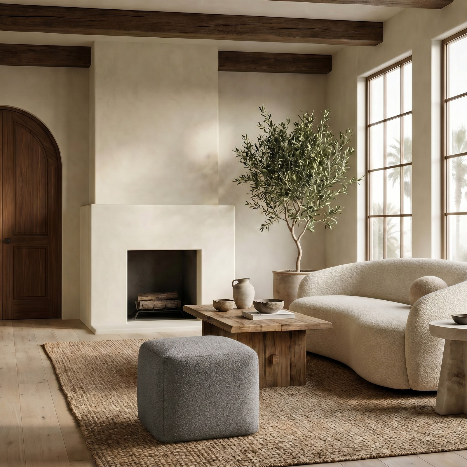 Inaki Upholstered Pouf, Gray Faux Lams Wool