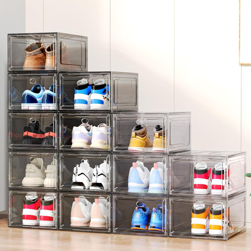Durable Clear Plastic Shoe Organizer With Magnetic Front Door, Stackable Shoe Storage Boxes For Closet, Sneaker Display Case, 12-Pack