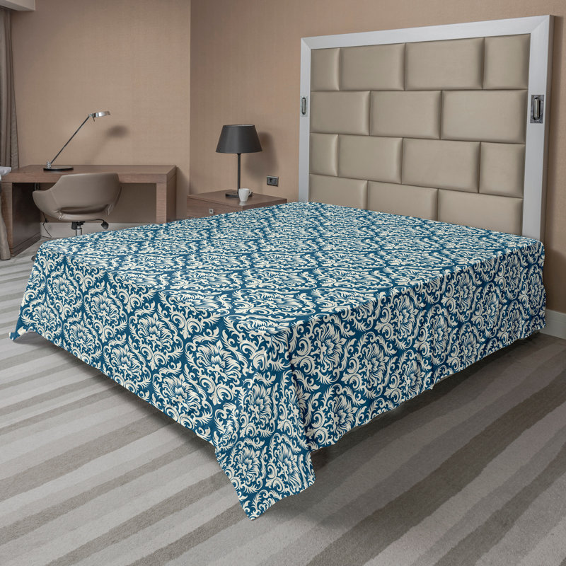 Ambesonne Top Flat Sheet Curving Art, White Blue Damask, Queen Flat Sheet