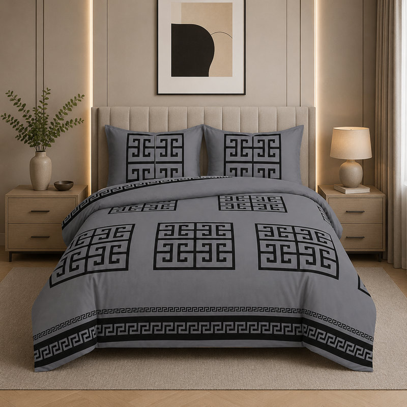 Greek Design Microfiber Bedding Set – Soft, Wrinkle-Resistant & Breathable – Includes Duvet Cover, Fitted Sheet & Pillowcases