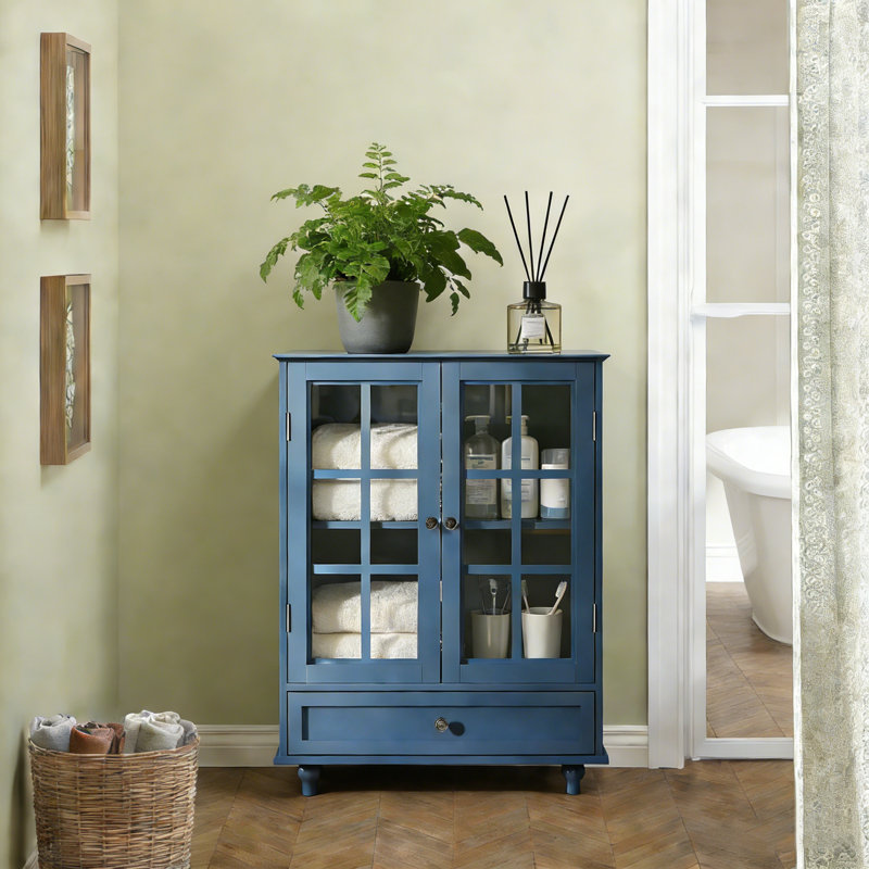 Mordern Bathroom Storage Cabinet With Double Glass Doors And Spacious Bottom Drawer, Adjustable Shelves, Blue