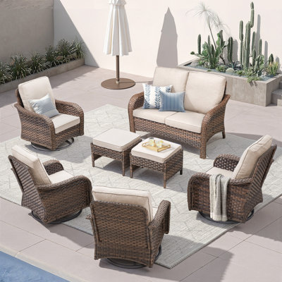 7 Pieces Outdoor Patio Set, All-Weather Rattan Outdoor Loveseat Sofa With Swivel Rocker Chairs Set Of 4 And Ottomans, Outdoor Conversation Set For Patio, Porch, Backyard, Garden