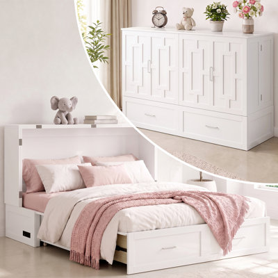 Grand lit escamotable avec tiroirs et station de charge USB, blanc