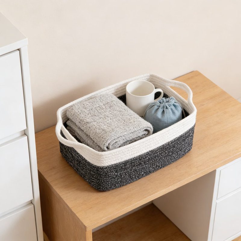 3-Pack Woven Cotton Rope Storage Baskets With Handles, Foldable Rectangular Organizer Bins For Shelves, Closet, And Toy Storage