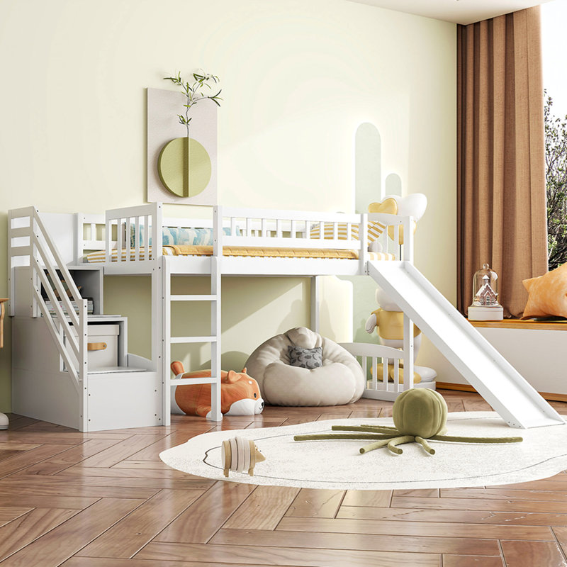 Stairway Twin Size Loft Bed with Two Drawers and Slide, White