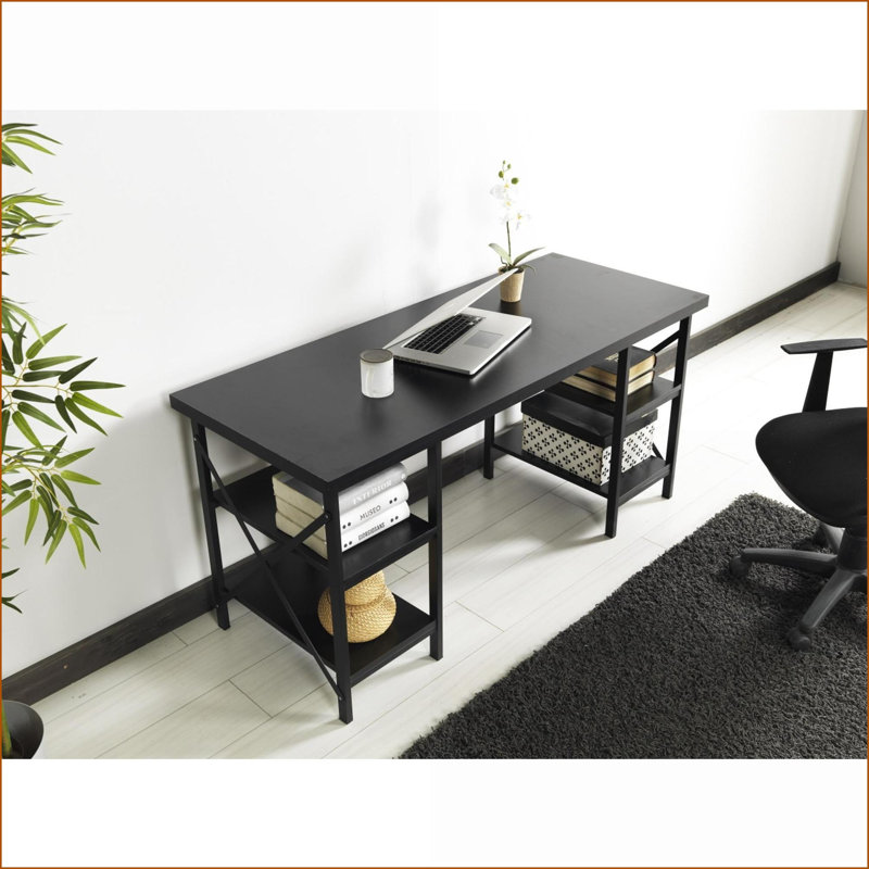 Bureaux | Bureau d'ordinateur industriel très large 60 po avec 4 tablettes Industrial | Noir | Plateau en bois massif