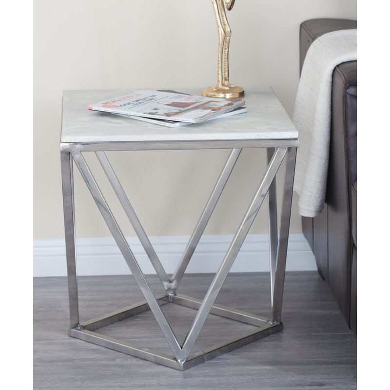Burgett Stainless Steel Metal Side End Silver Accent Table with Marble Top