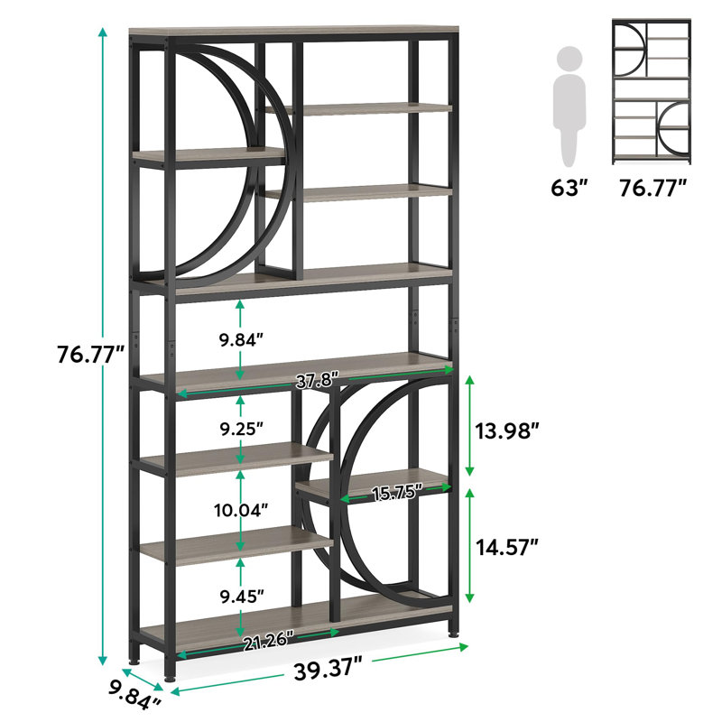 195 cm H x 100 cm W Stainless Steel Geometric Bookcase, Grey/Black