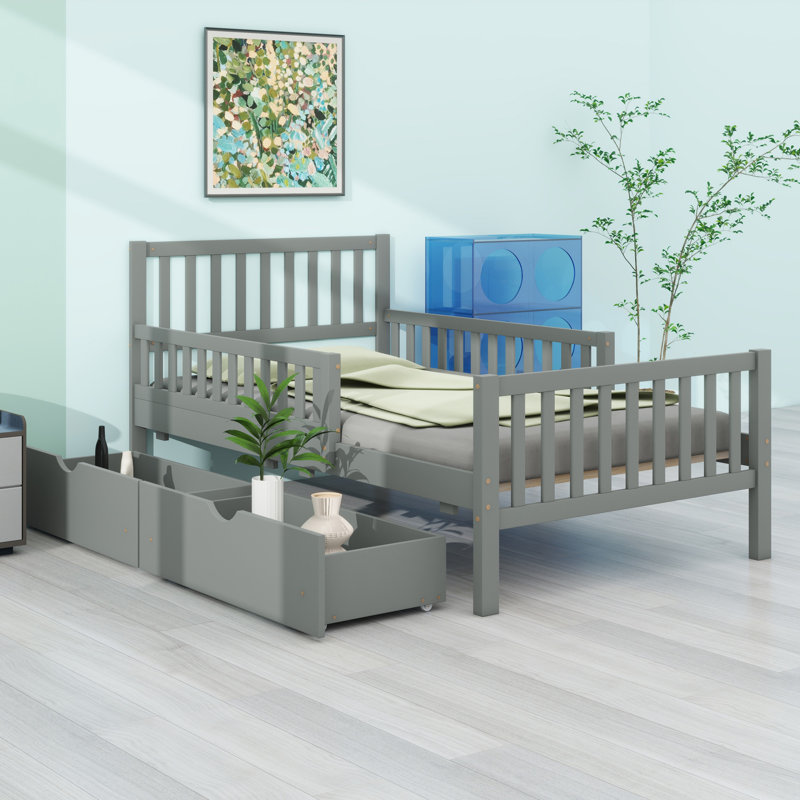 Lit plateforme en bois avec garde-corps des deux côtés et deux tiroirs de rangement, Gris