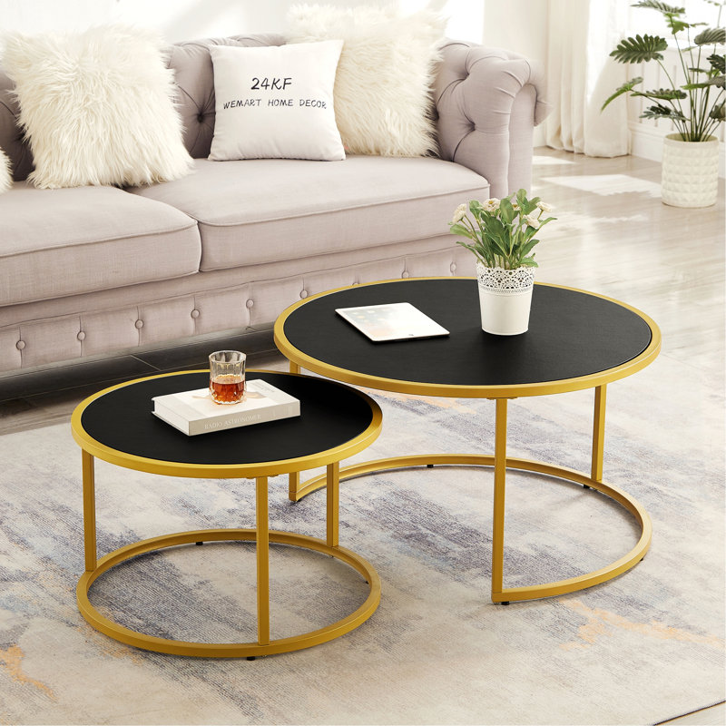 Modern Accent Table for Home, Nesting Coffee Table with Metal Base, Accent Tea Table for Living Room, Black