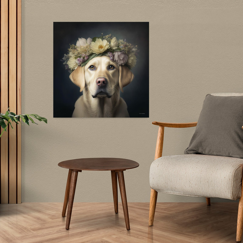 Golden Joy, fantaisiste, contemporain, portrait de chien, art floral, H 24 po x l 24 po