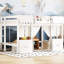Lit mezzanine double en blanc avec rangement intégré, bibliothèque et rideau, barrières de sécurité, conception d'amusement, style loft, style chalet