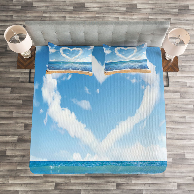 Clouds in Clear Blue Sky Forming a Heart Shape Romantic Beach Bedspread Set, 220 x 264 cm