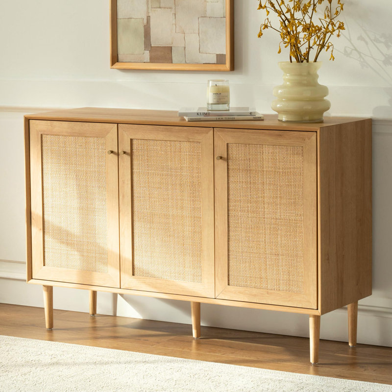 Rattan 3 Door Sideboard Accent Cabinet, Walnut