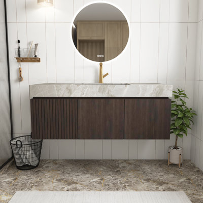 Espresso Woodgrain 48 Inch Bathroom Vanity With Sink, Floating Plywood Storage Cabinet With Drawer And Doors, Light Grey Sintered Stone Top With Ceramic Basin,Pre-Assembled