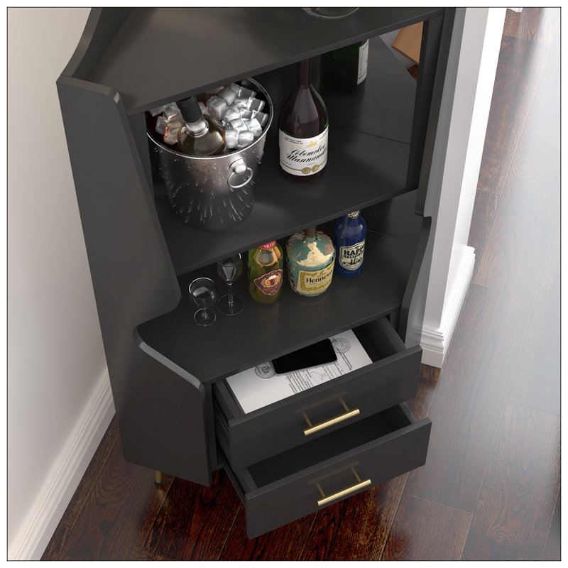 Bar en bois avec 2 tablettes de rangement ouvertes et 2 tiroirs, Noir