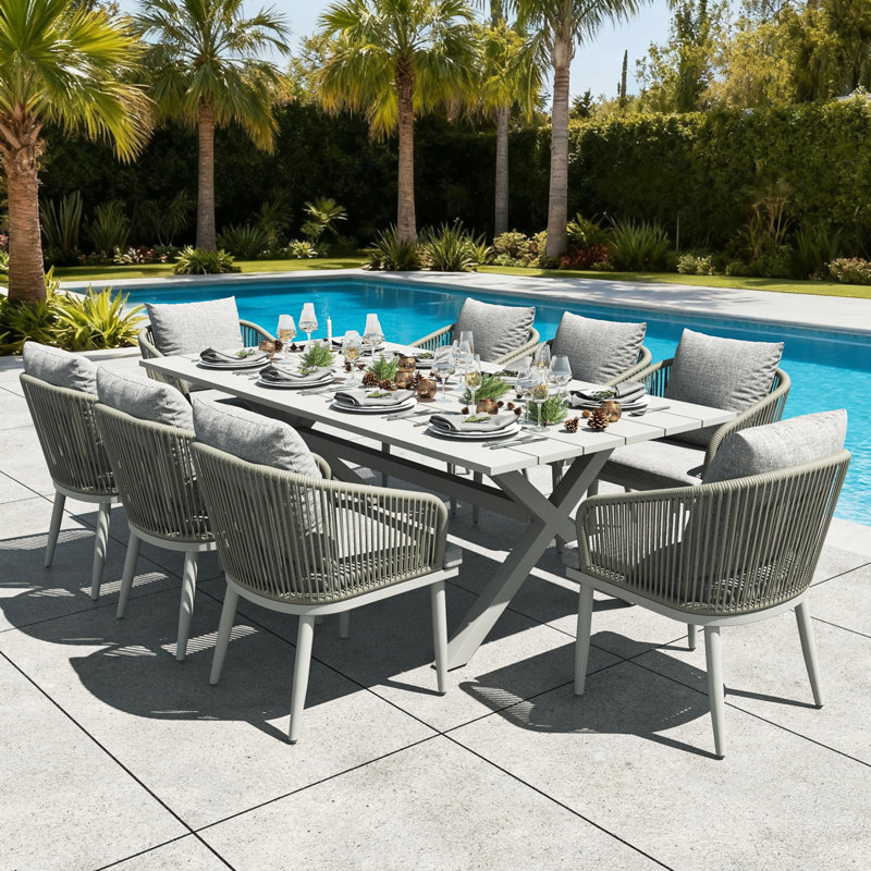 9 Pieces Outdoor Dining Set Woven Rope Wicker Patio Dining Set With Rectangular Aluminum Table And Modern Armrest Dining Chairs