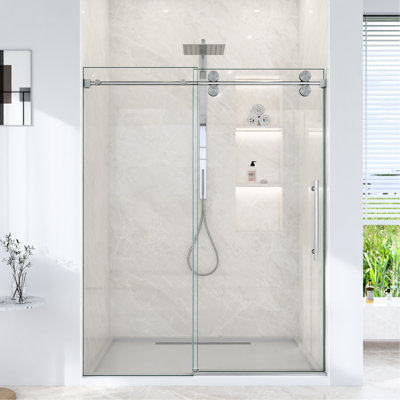 Porte de douche coulissante simple de 56 à 60 po x H 72 po, verre trempé transparent de 5/16 po et 8 mm, conception en dérivation, finition en nickel brossé, 304 rouleaux en acier inoxydable, détachement, rail rond, étanchéité à l'eau, et