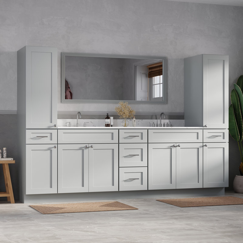 Meuble-lavabo double autoportant de 105 po avec deux armoires à linge hautes, comptoir en quartz de Carrare, 5 tiroirs, Gris