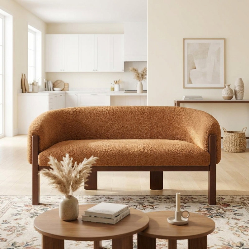 Canapé d'appoint compact et moderne incurvé de 70 cm (27,5 po) de largeur, recouvert de tissu bouclé, avec pieds en bois massif