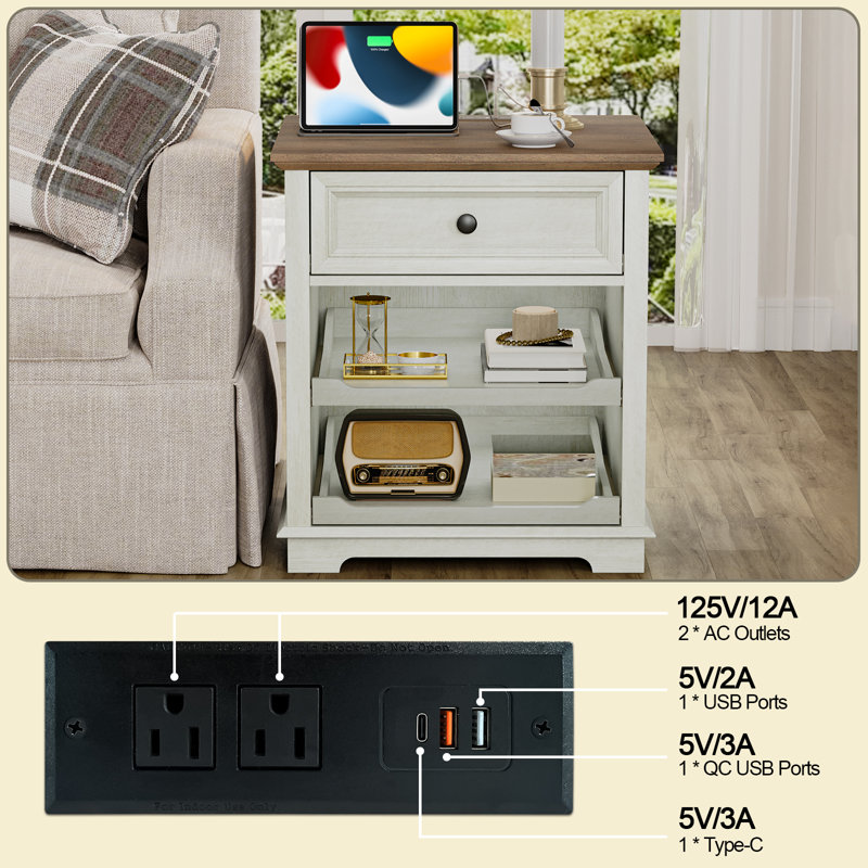 1 Drawer Sets Nightstands with Storage Tray and Built-in Charging Station, White