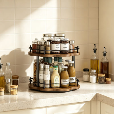 Two Tier Lazy Susan Organizer with Stable Carousel Base and Adjustable Height Settings for Kitchen Countertop, Cupboard, and Dining Table Storage