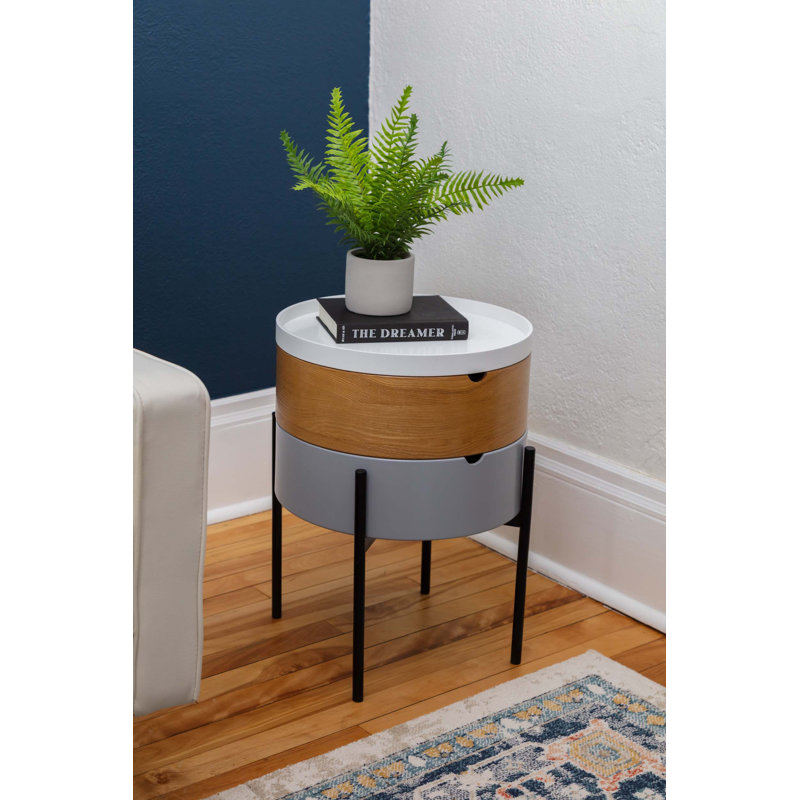 Round White and Wood End Table with Black Metal Legs