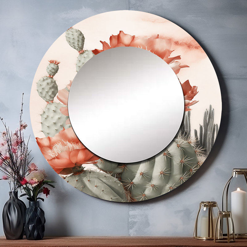 Cactus rouge du désert de Pessa - miroir décoratif de feuilles, miroir mural rond traditionnel, impression d'art en métal