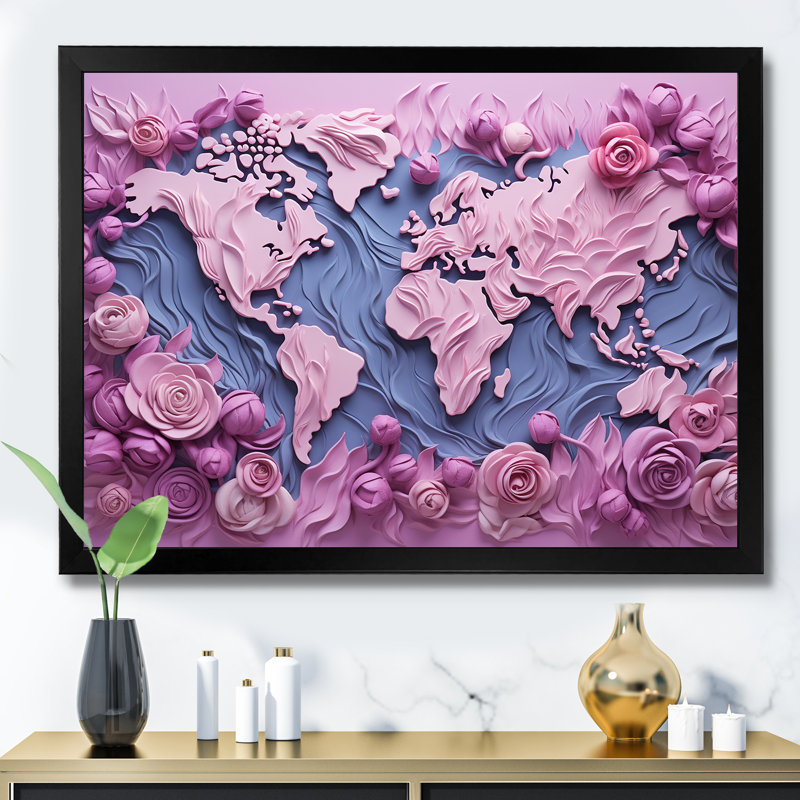 «Pink Whimsical Waters World Map I», reproduction sur toile, Cadre simple noir, H 24 po x l 32 po x P 1 po
