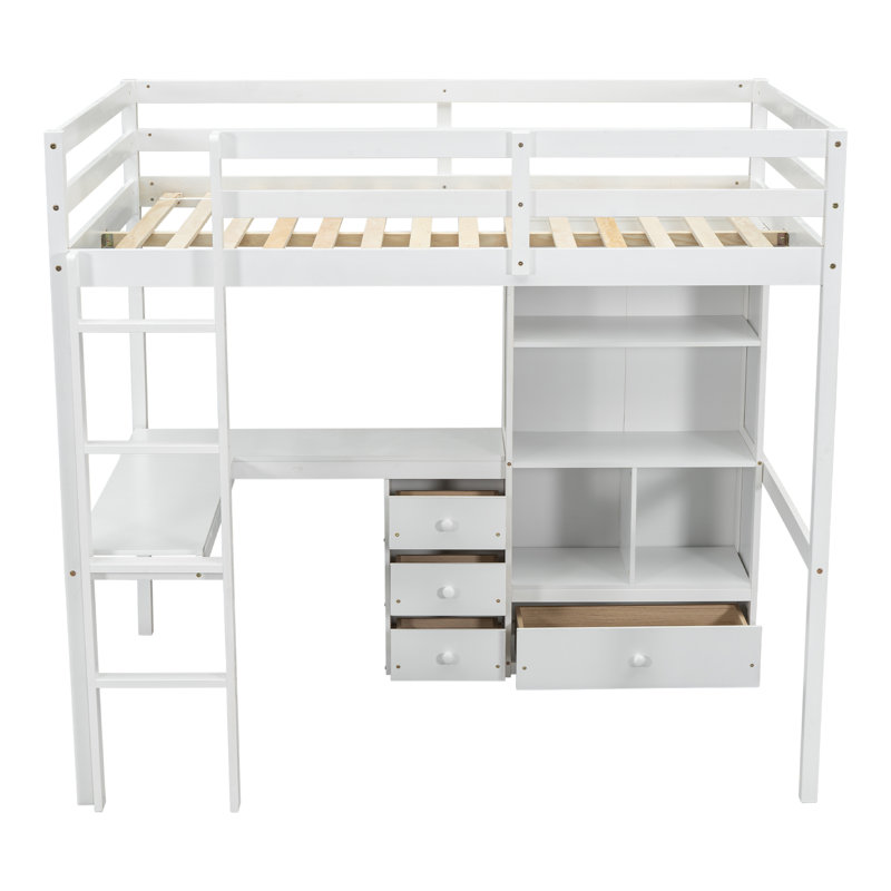 Lit mezzanine double NordenSpace avec bureau, tablettes de rangement et tiroirs, Blanc